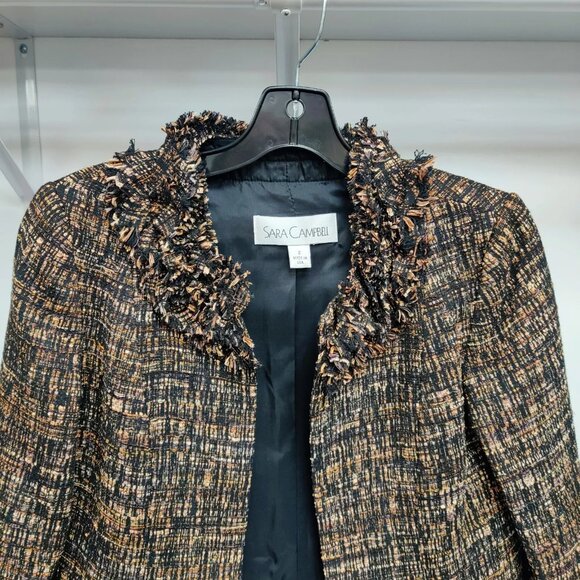 SARA CAMPBELL Open Blazer Jacket Fringed Ruffle Accents Black Brown Neutral 2 - Picture 3 of 10